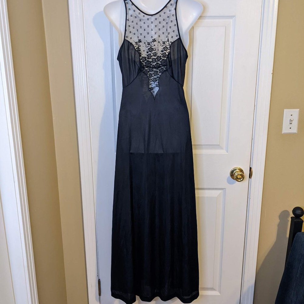 Formfit Rogers Vintage Black Satin & Lace Sleeveless Maxi Nightgown Chemise - 6P